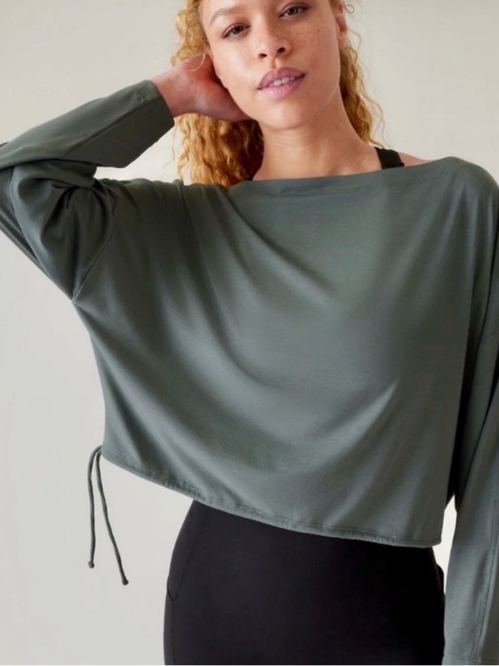 Athleta Cool Down Bali Green  Cropped Boatneck Drawstring Top